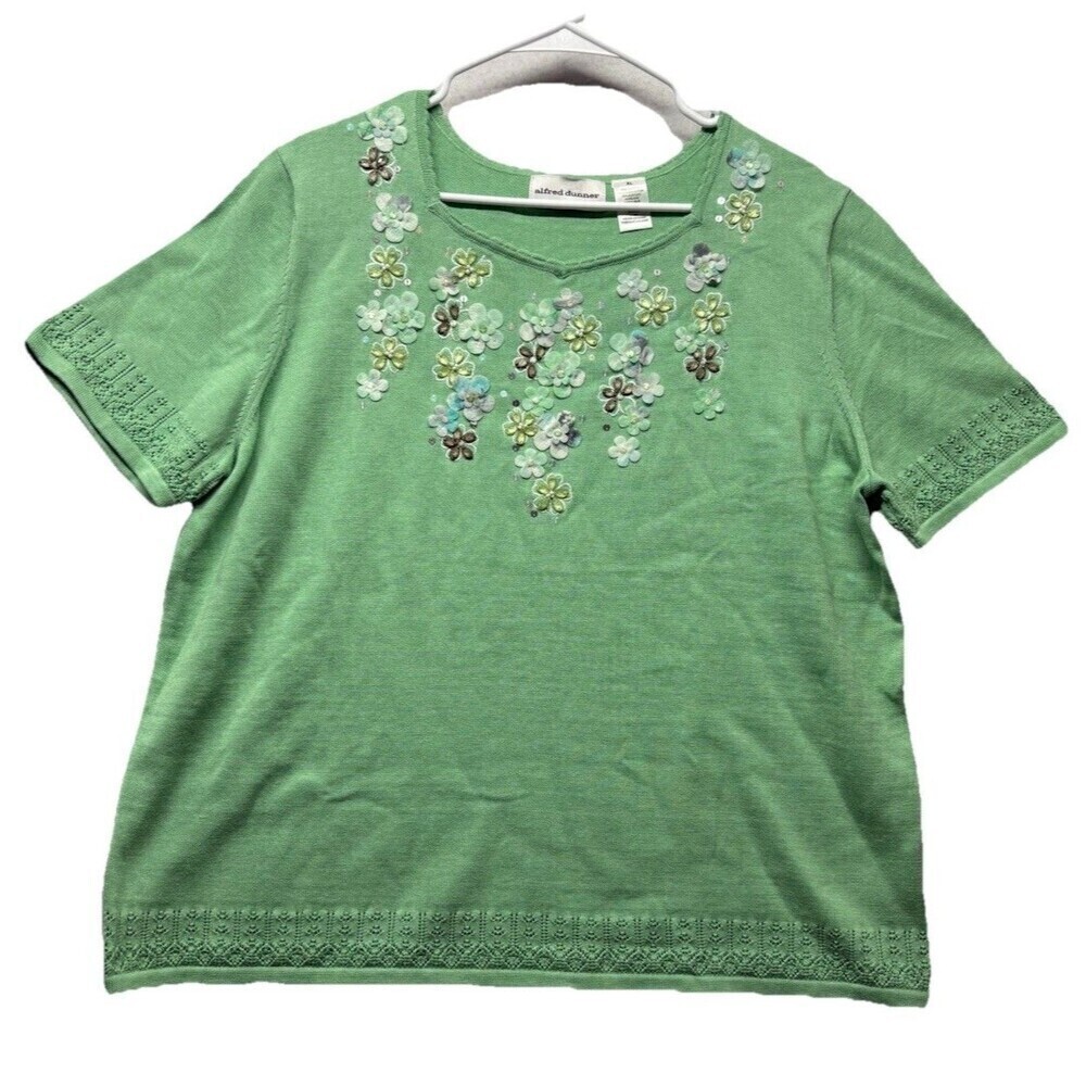 Alfred Dunner Womens XL Green Short Sleeve  Embroidered Floral Knit Sweater Top